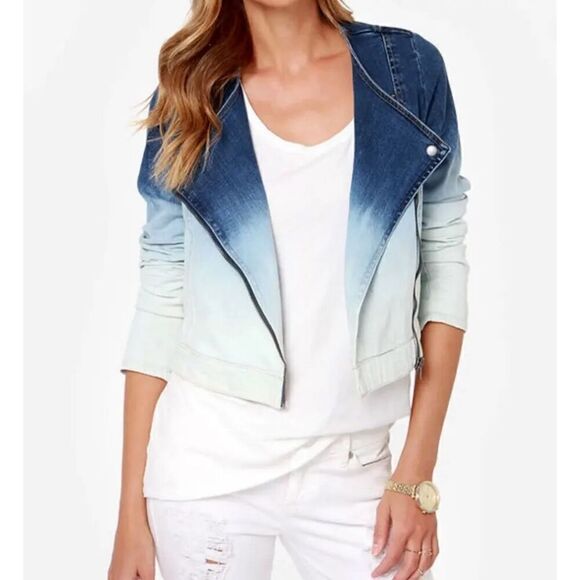 RVCA Shack Up Blue Ombre Moto Crop Denim Jacket Women's Size M Med - Picture 1 of 11